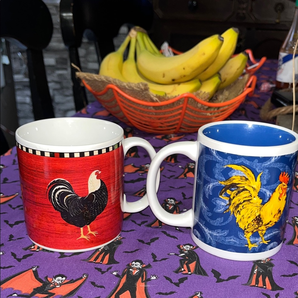 6 Rooster Themed Ceramic Set of 6 Mugs- Red and Blue - Picture 4 of 5